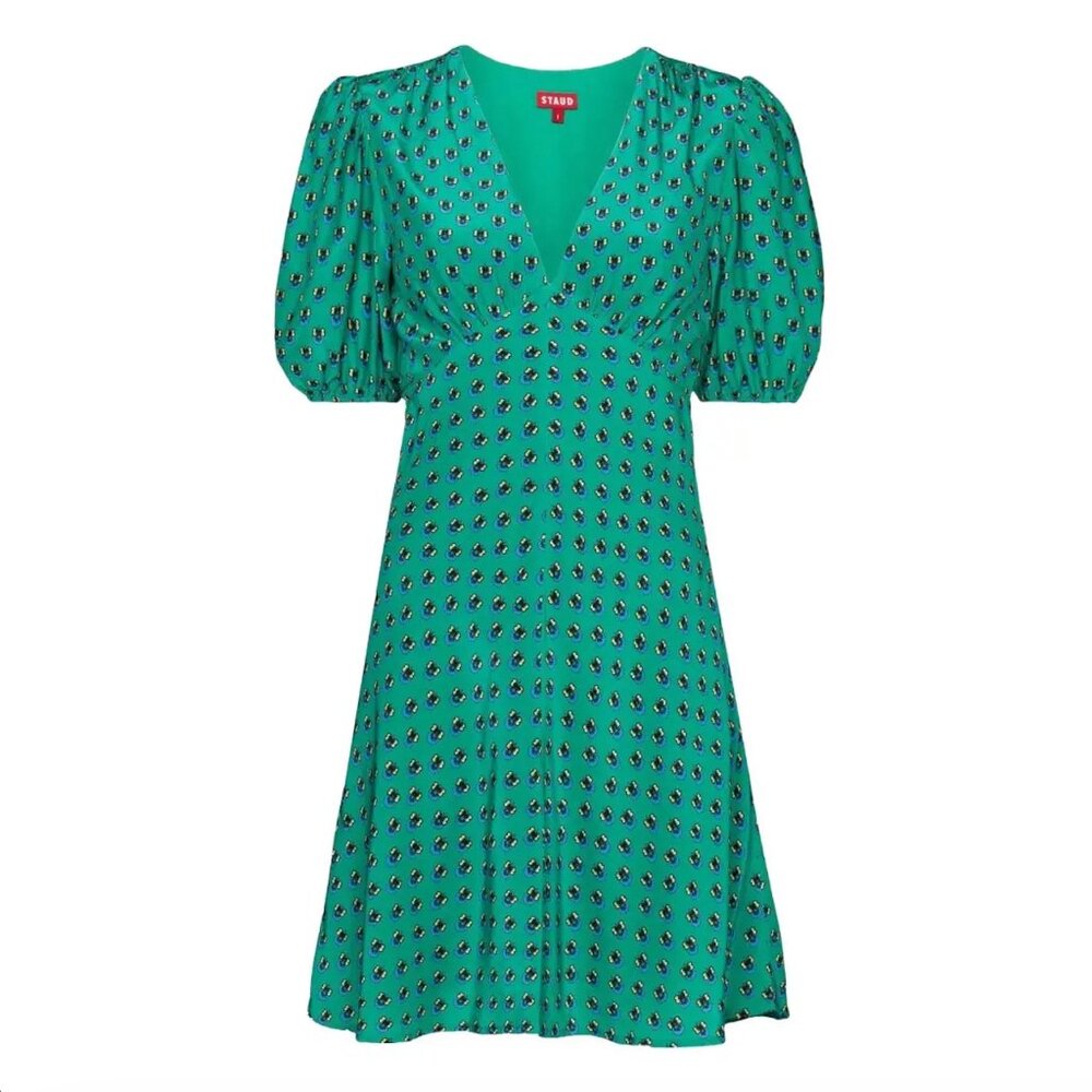 NWT STAUD Green Print Mini Dress - Size 14, Green Blue